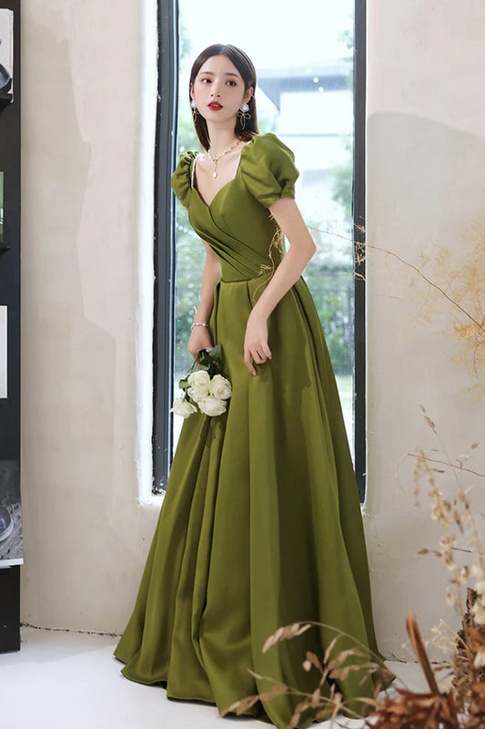 Green Satin Long A-Line Prom Dress Short Sleeve Evening Party Dress