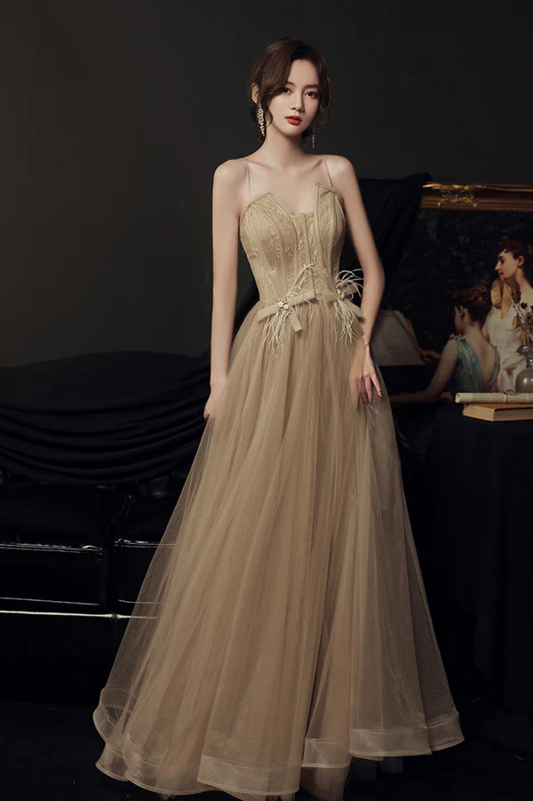 Stylish Tulle Long A-Line Prom Dress Champagne Strapless Evening Party Dress