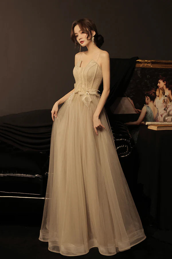 Stylish Tulle Long A-Line Prom Dress Champagne Strapless Evening Party Dress