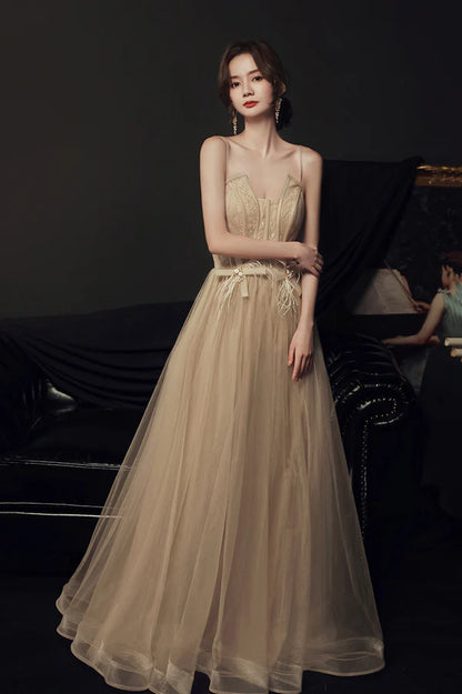 Stylish Tulle Long A-Line Prom Dress Champagne Strapless Evening Party Dress