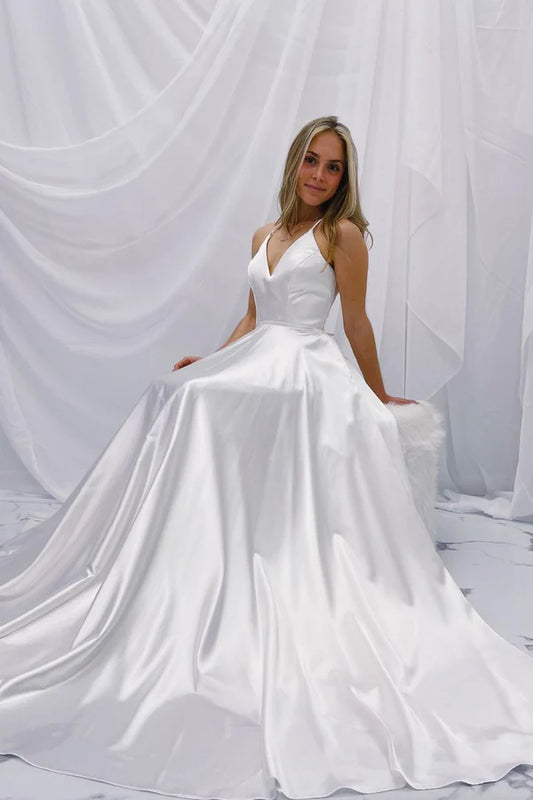 White Satin Long A-Line Prom Dress Simple V-Neck Evening Party Dress