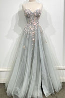 Gray Tulle Lace Long Strapless Prom Dress A-Line Formal Evening Dress