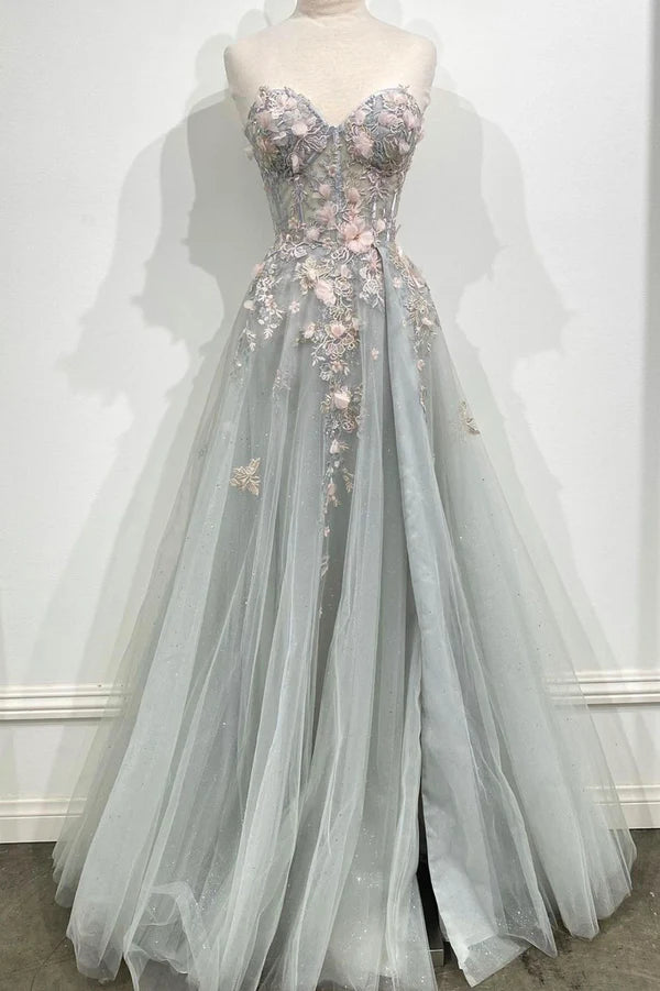 Gray Tulle Lace Long Strapless Prom Dress A-Line Formal Evening Dress