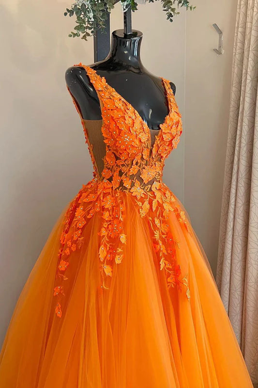 Orange V-Neck Tulle Lace Long Prom Dress A-Line Backless Evening Dress