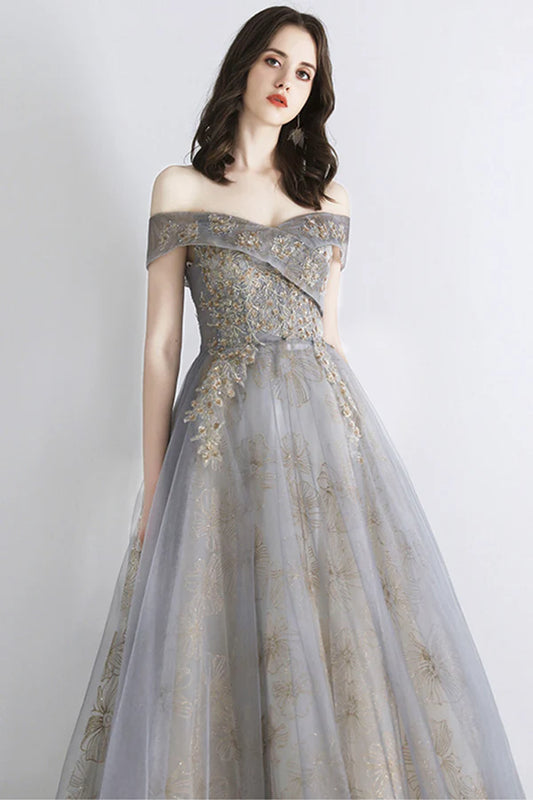 Gray Tulle Sequins Long Prom Dress Off the Shoulder Evening Graduation Dress