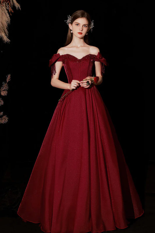 Burgundy Satin Long A-Line Prom Dress Cute Off the Shoulder Graduation Dress