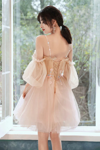 Pink Tulle Short A-Line Prom Dress Lovely Spaghetti Straps Homecoming Party Dress