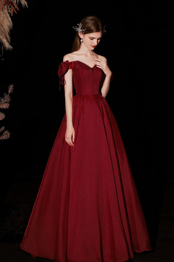 Burgundy Satin Long A-Line Prom Dress Cute Off the Shoulder Graduation Dress