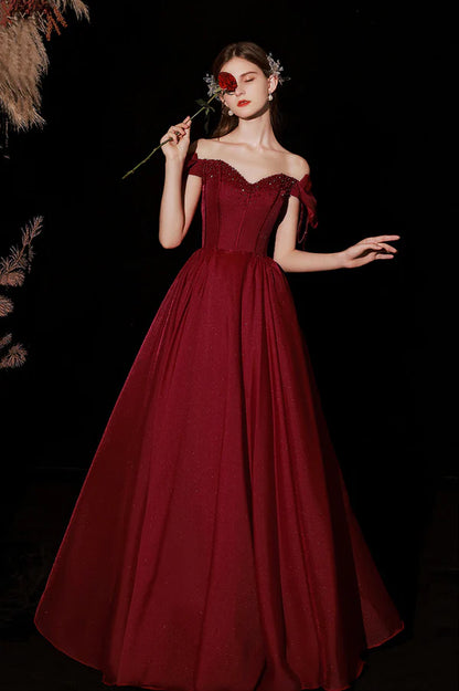 Burgundy Satin Long A-Line Prom Dress Cute Off the Shoulder Graduation Dress