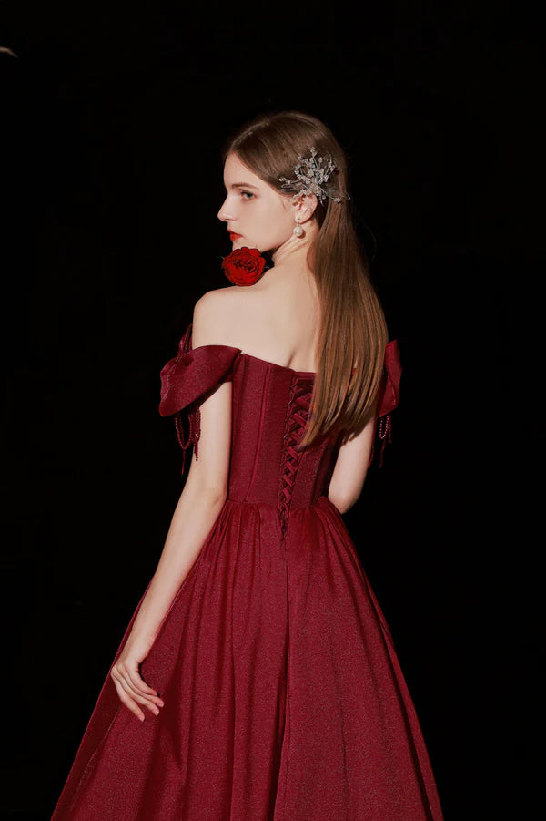 Burgundy Satin Long A-Line Prom Dress Cute Off the Shoulder Graduation Dress