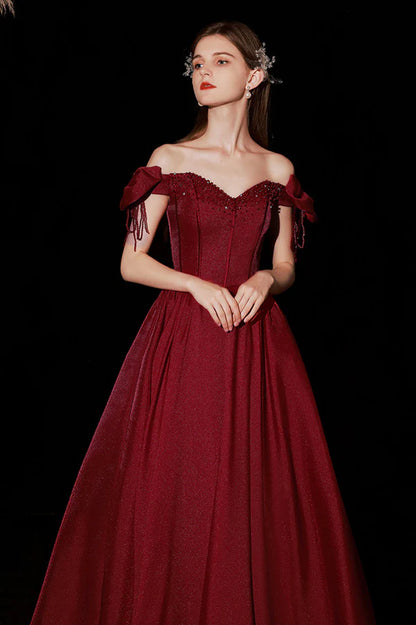 Burgundy Satin Long A-Line Prom Dress Cute Off the Shoulder Graduation Dress