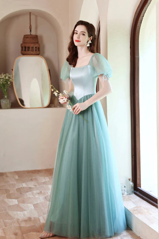 A-Line Satin Tulle Long Prom Dress Green Short Sleeve Evening Party Dress