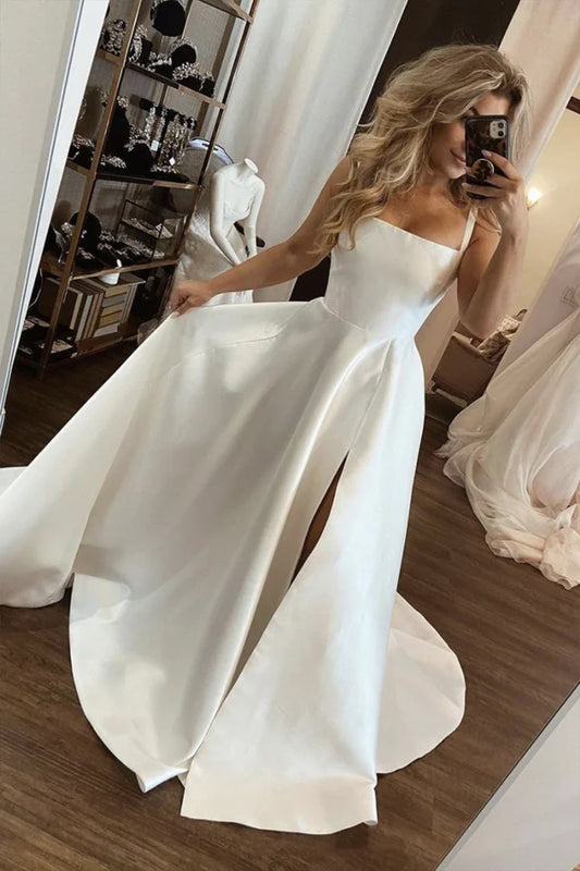 White Satin Long A-Line Prom Dress Simple A-Line Evening Dress with Slit