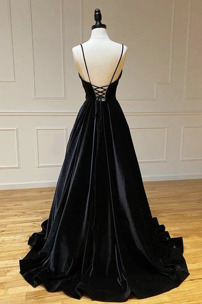 Black Velvet Long A-Line Prom Dress V-Neck Backless Evening Formal Dress