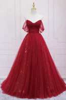 Red Tulle Long A-Line Prom Dress Off the Shoulder Formal Evening Dress