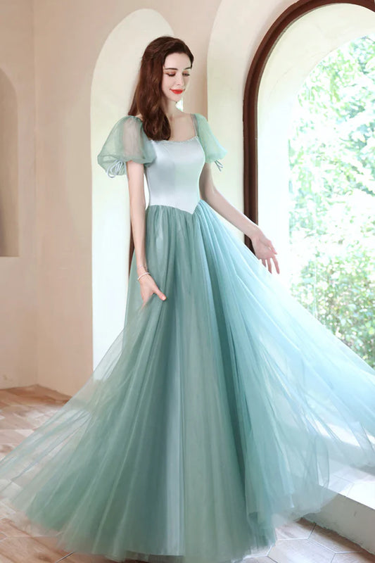 A-Line Satin Tulle Long Prom Dress Green Short Sleeve Evening Party Dress