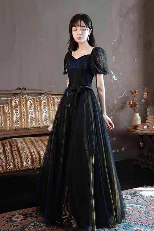 Black A-Line Tulle Long Prom Dress Black Short Sleeve Evening Dress