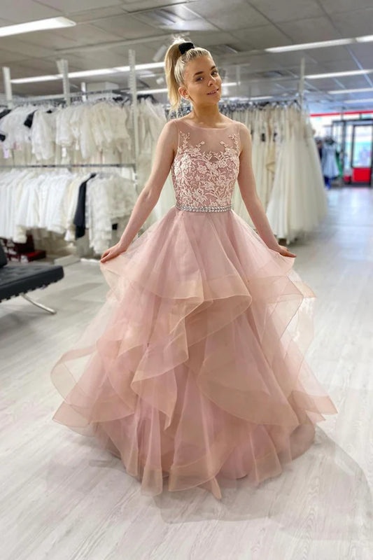 Pink Lace Long A-Line Prom Dress Pink Scoop Neckline Evening Party Dress