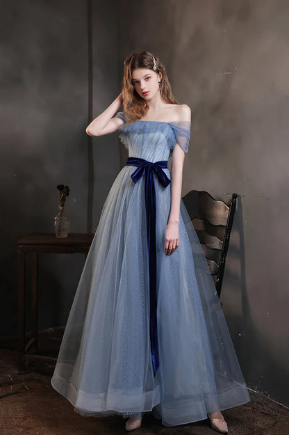 Blue Tulle Long A-Line Prom Dress Cute Off the Shoulder Evening Graduation Dress