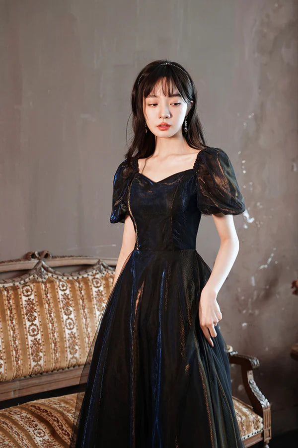 Black A-Line Tulle Long Prom Dress Black Short Sleeve Evening Dress