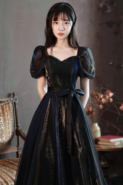 Black A-Line Tulle Long Prom Dress Black Short Sleeve Evening Dress