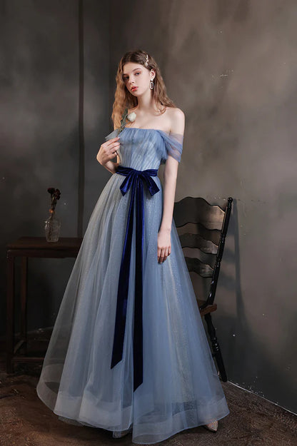 Blue Tulle Long A-Line Prom Dress Cute Off the Shoulder Evening Graduation Dress