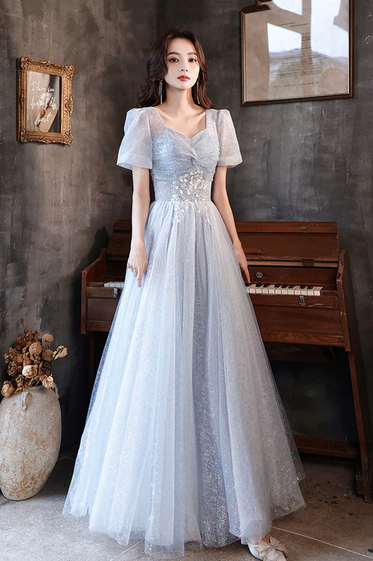 Blue Shiny Tulle Long A-Line Prom Dress Blue Short Sleeve Evening Dress