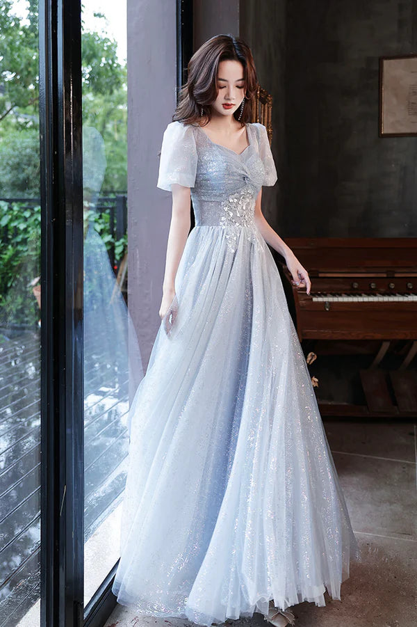 Blue Shiny Tulle Long A-Line Prom Dress Blue Short Sleeve Evening Dress