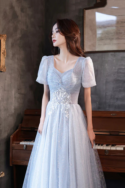 Blue Shiny Tulle Long A-Line Prom Dress Blue Short Sleeve Evening Dress