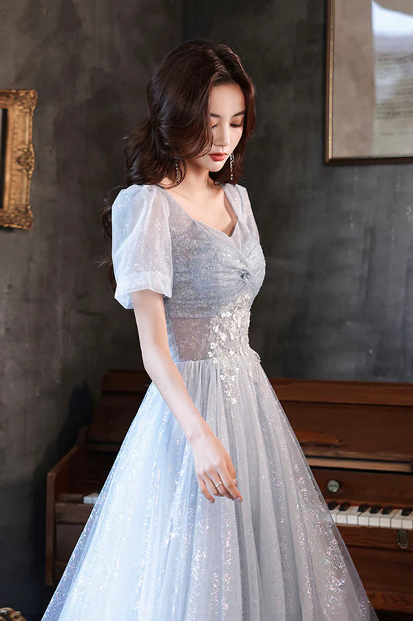 Blue Shiny Tulle Long A-Line Prom Dress Blue Short Sleeve Evening Dress