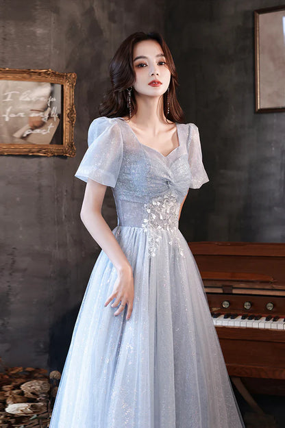 Blue Shiny Tulle Long A-Line Prom Dress Blue Short Sleeve Evening Dress