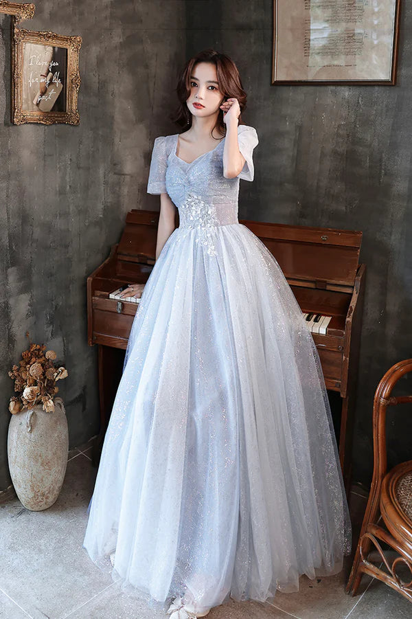 Blue Shiny Tulle Long A-Line Prom Dress Blue Short Sleeve Evening Dress