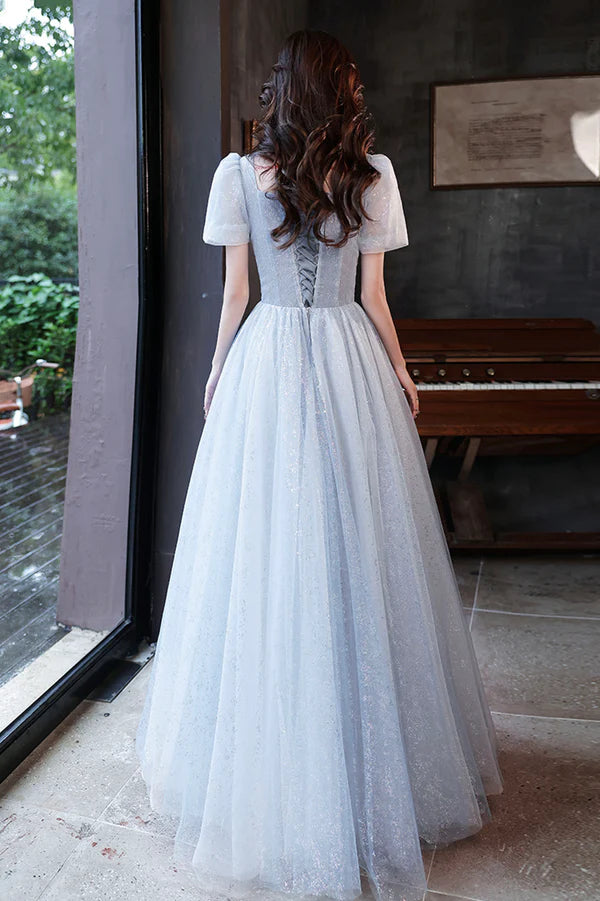 Blue Shiny Tulle Long A-Line Prom Dress Blue Short Sleeve Evening Dress