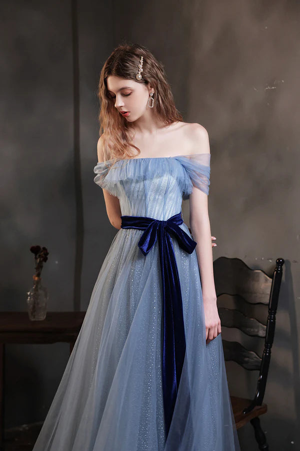 Blue Tulle Long A-Line Prom Dress Cute Off the Shoulder Evening Graduation Dress