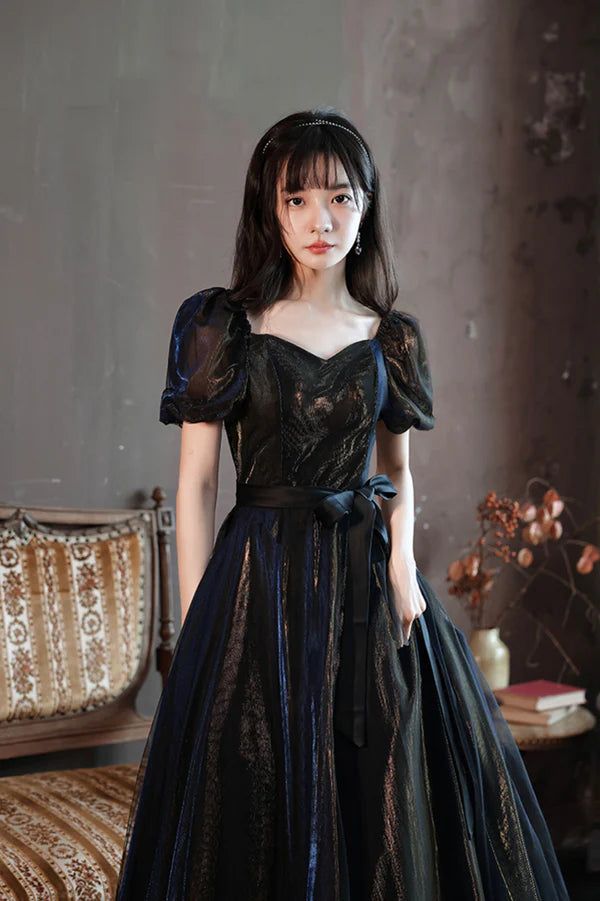 Black A-Line Tulle Long Prom Dress Black Short Sleeve Evening Dress