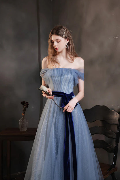 Blue Tulle Long A-Line Prom Dress Cute Off the Shoulder Evening Graduation Dress