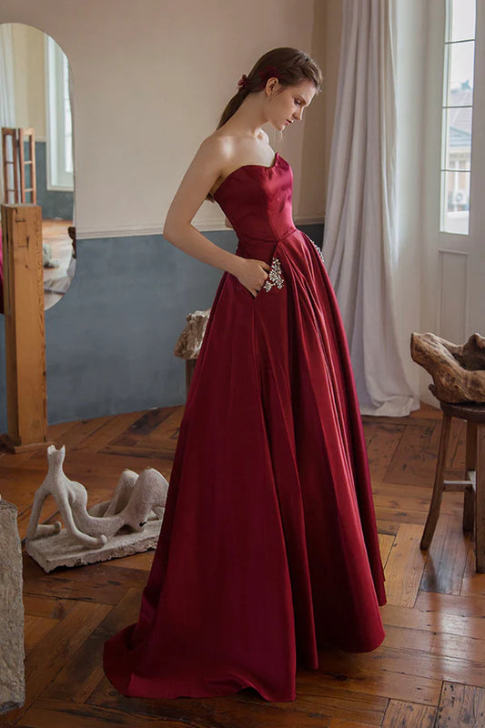 Burgundy Strapless Satin Long Prom Dress A-Line Evening Graduation Dress