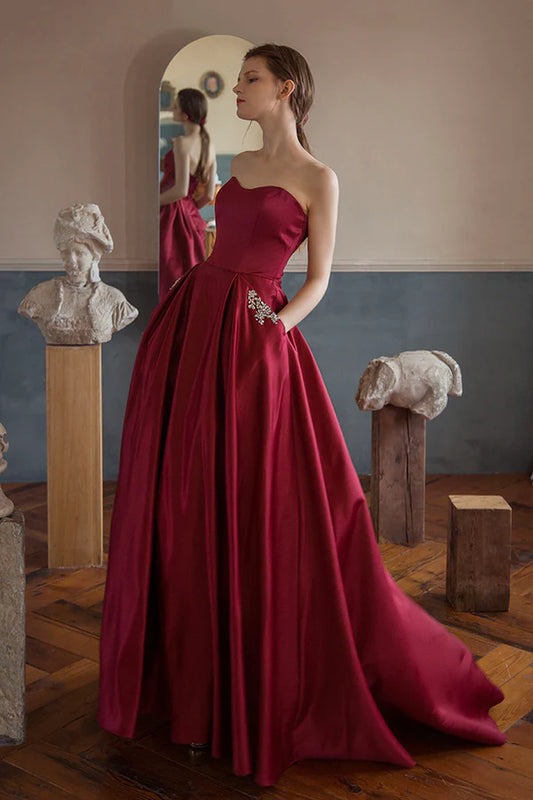 Burgundy Strapless Satin Long Prom Dress A-Line Evening Graduation Dress