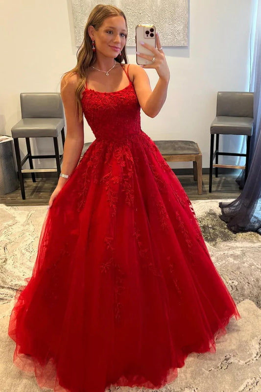 Red Tulle Long Prom Dress with Lace A-Line Backless Evening Graduation Dress