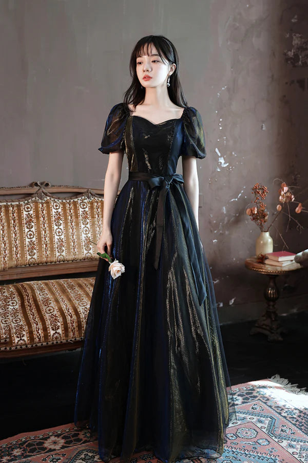 Black A-Line Tulle Long Prom Dress Black Short Sleeve Evening Dress