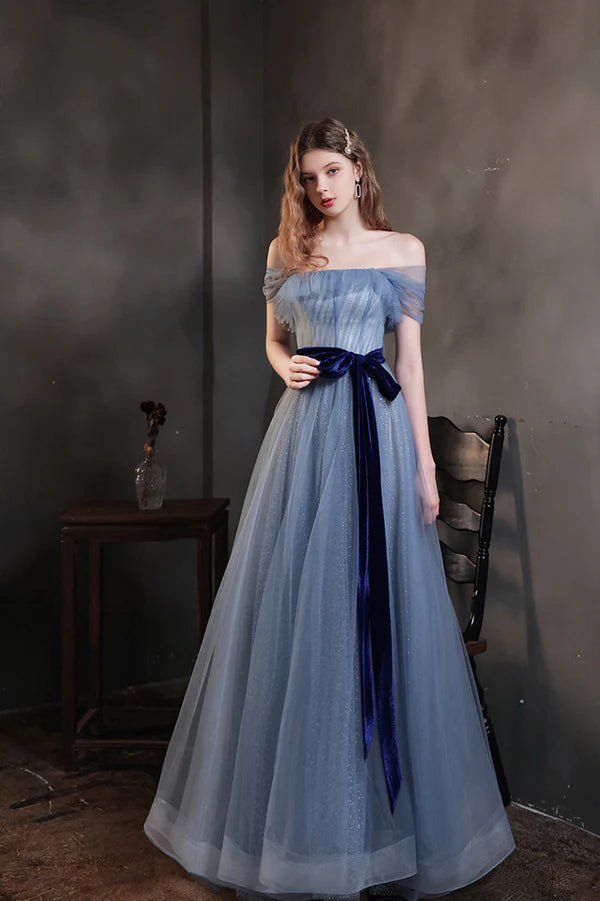 Blue Tulle Long A-Line Prom Dress Cute Off the Shoulder Evening Graduation Dress