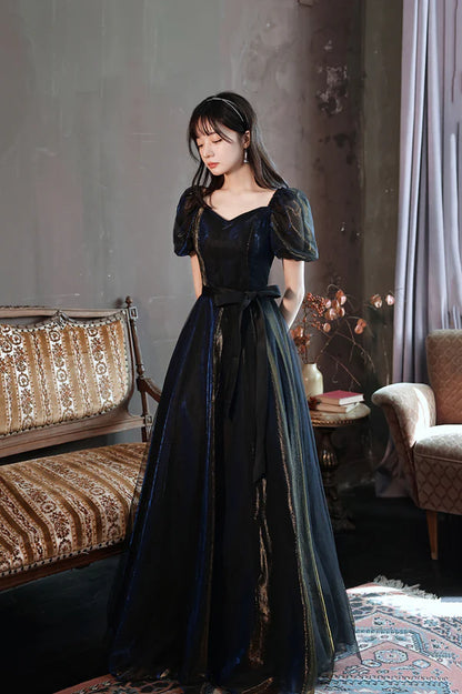 Black A-Line Tulle Long Prom Dress Black Short Sleeve Evening Dress