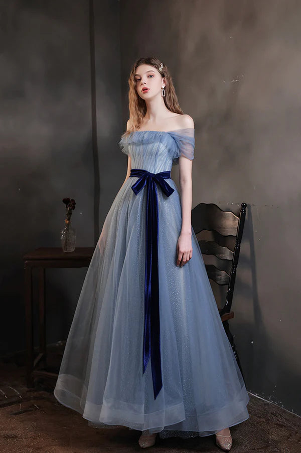 Blue Tulle Long A-Line Prom Dress Cute Off the Shoulder Evening Graduation Dress