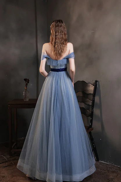 Blue Tulle Long A-Line Prom Dress Cute Off the Shoulder Evening Graduation Dress