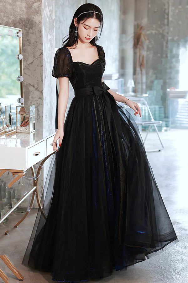 Black Tulle Long Prom Dress Black Short Sleeve Graduation Dress