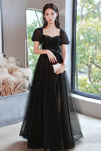 Black Tulle Long Prom Dress Black Short Sleeve Graduation Dress