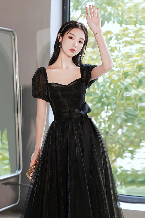 Black Tulle Long Prom Dress Black Short Sleeve Graduation Dress