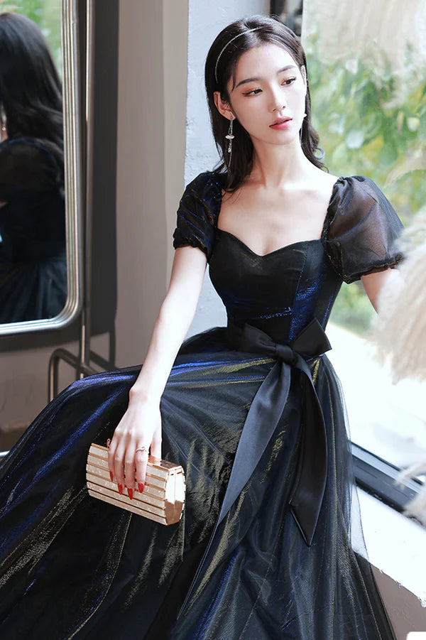 Black Tulle Long Prom Dress Black Short Sleeve Graduation Dress