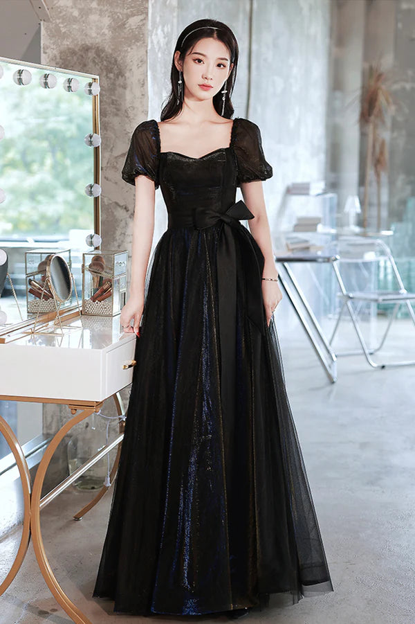 Black Tulle Long Prom Dress Black Short Sleeve Graduation Dress