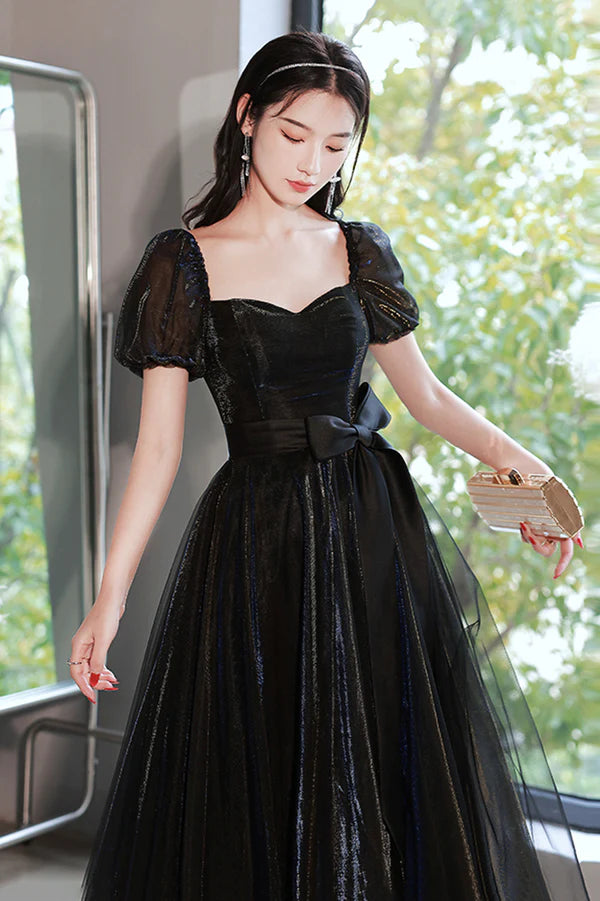 Black Tulle Long Prom Dress Black Short Sleeve Graduation Dress